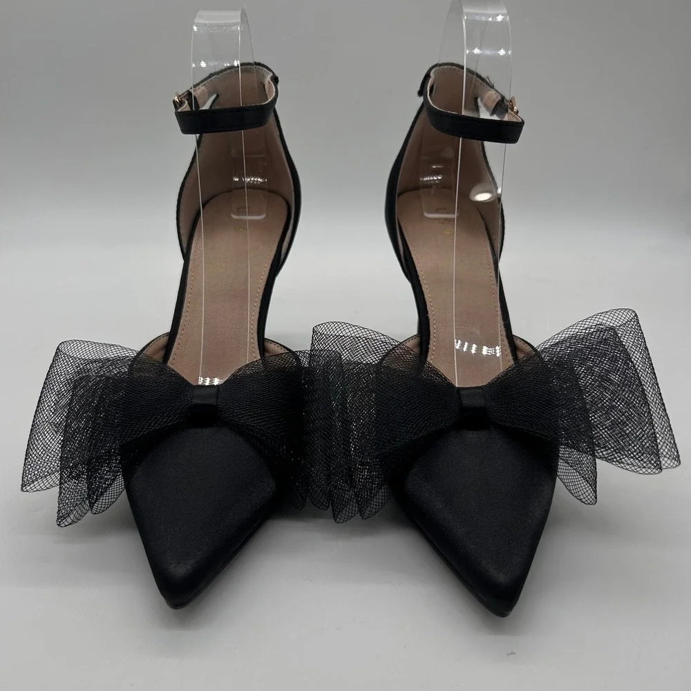 NEW‎ Allegra K Heels Womens 9 Black Pointed Toe Ankle Strap Pumps Bow Stiletto